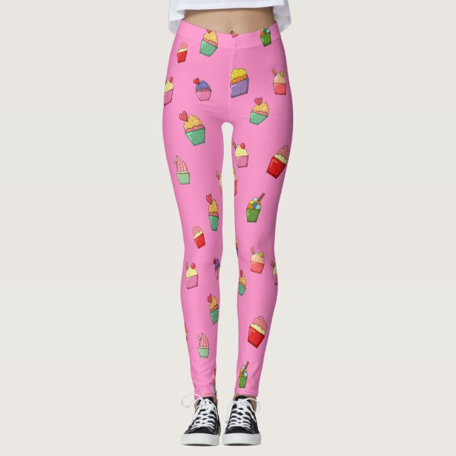 Cute Girly Pink Cupcake Pattern Leggings (Front)