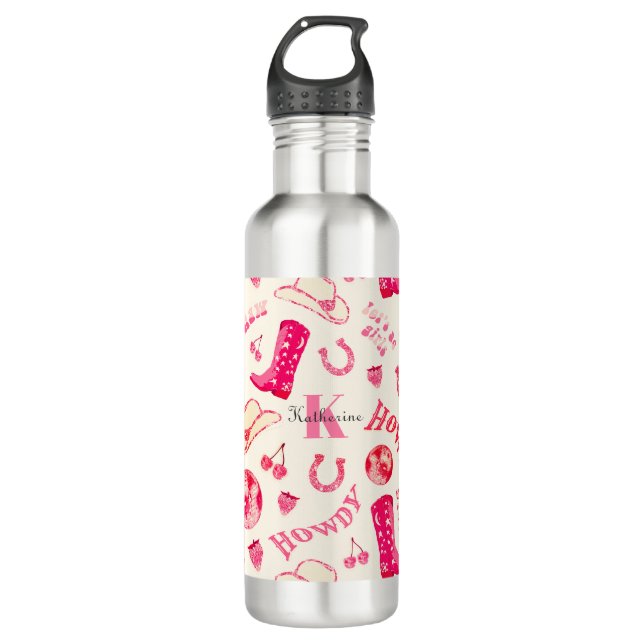 Cute Girly Pink Disco Cowgirl Name Monogram 710 Ml Water Bottle (Front)
