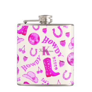Cute Girly Pink Disco Cowgirl Name Monogram Hip Flask