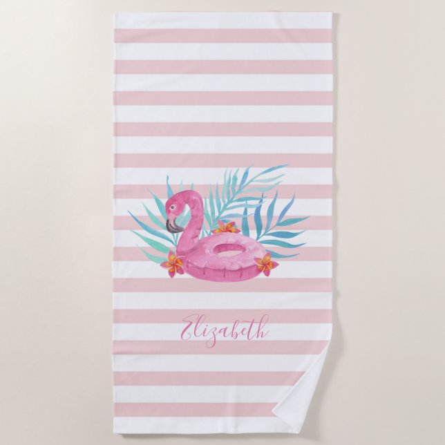 Cute Girly Pink Flamingo,Palm Leaves, Stripes  Beach Towel (Front)