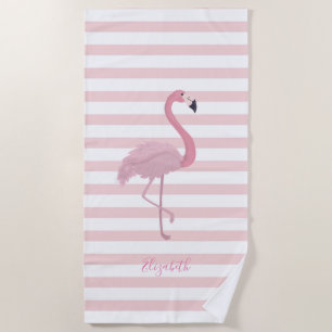 Cute Girly Pink Flamingo , Stripes  -Personalised Beach Towel