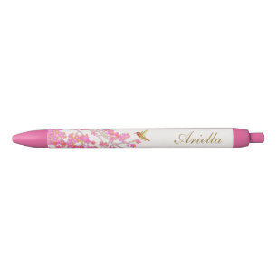 Cute Girly Pink Floral Flowers Personalised Name Black Ink Pen