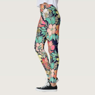 Cute Girly Pink Floral Golden Strokes Design Leggings