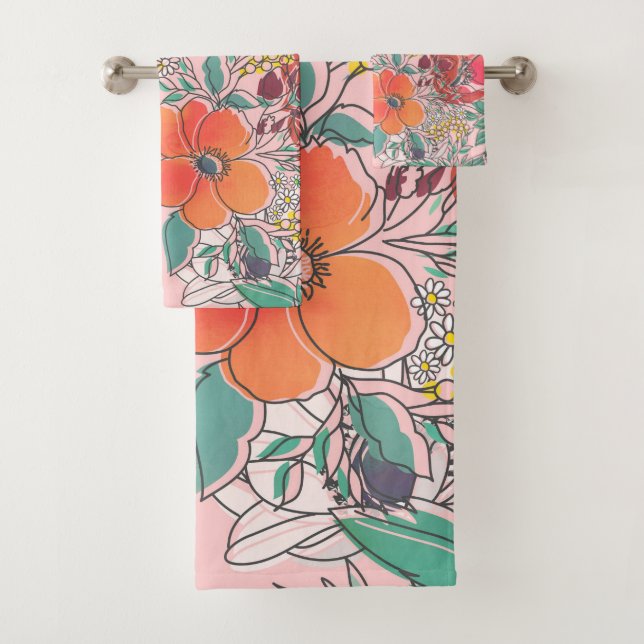 Cute girly pink floral hand drawn design bath towel set (Insitu)