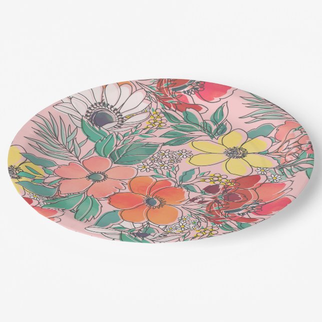 Cute girly pink floral hand drawn design paper plate (Angled)