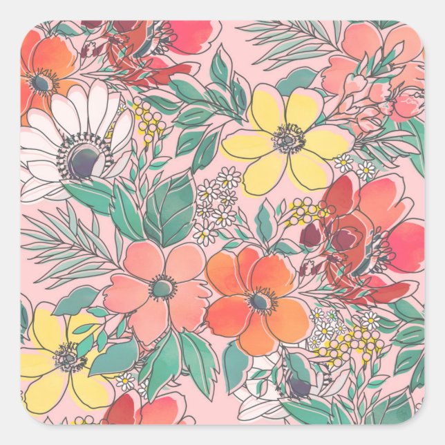Cute girly pink floral hand drawn design square sticker (Front)