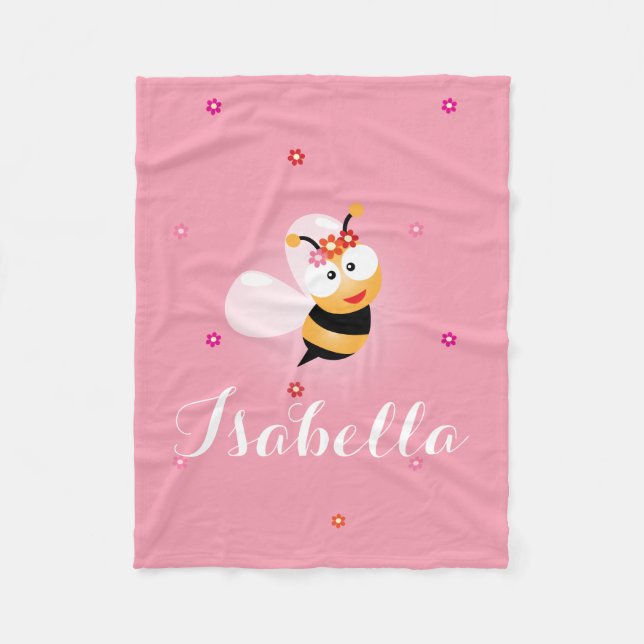 Cute Girly Pink Flower Girl Baby Bee Cartoon Fleece Blanket (Front)