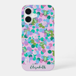 Cute girly pink frog art with waterlilies custom iPhone 16 case