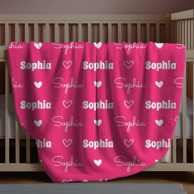 Cute girly pink fuchsia repeating name monogram fleece blanket (Creator Uploaded)