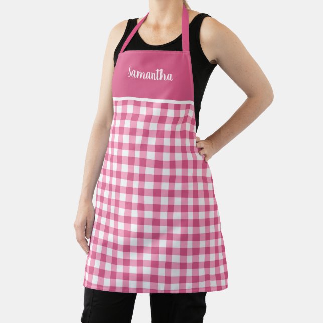 Cute Girly Pink Gingham Name Personalised Apron (Insitu)