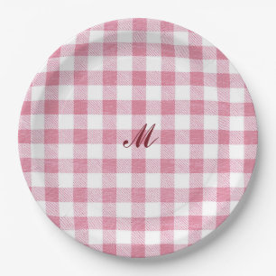 Cute Girly Pink Gingham Plaid Name Monogram Paper Plate
