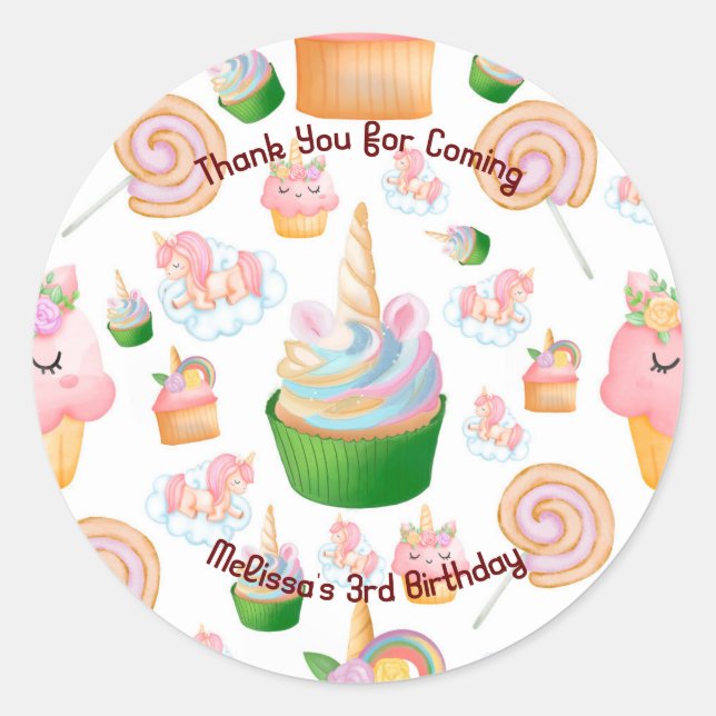Cute Girly Pink Green Cupcake Unicorn Birthday Classic Round Sticker (Front)