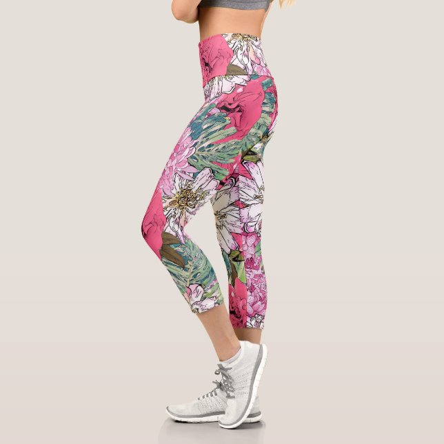 Cute Girly Pink & Green Floral Illustration Capri Leggings (Left)