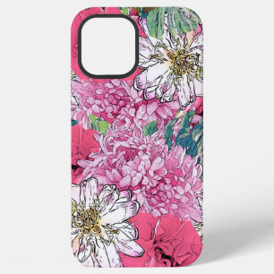 Cute Girly Pink & Green Floral Illustration iPhone 12 Pro Max Case