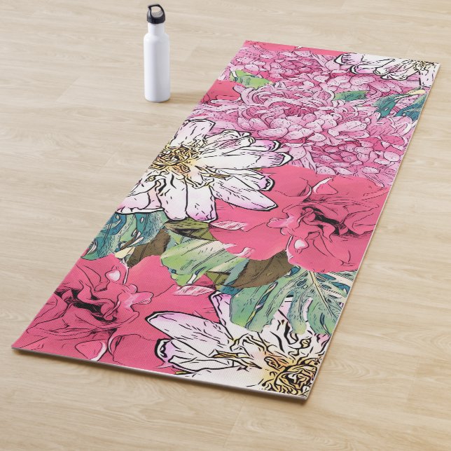 Cute Girly Pink & Green Floral Illustration Yoga Mat (In Situ)