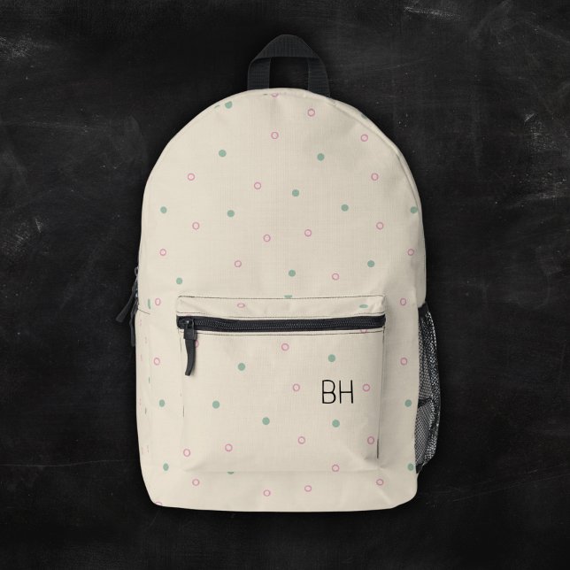 Cute Girly Pink Green Polka Dots Monogram Initials Printed Backpack (Creator Uploaded)