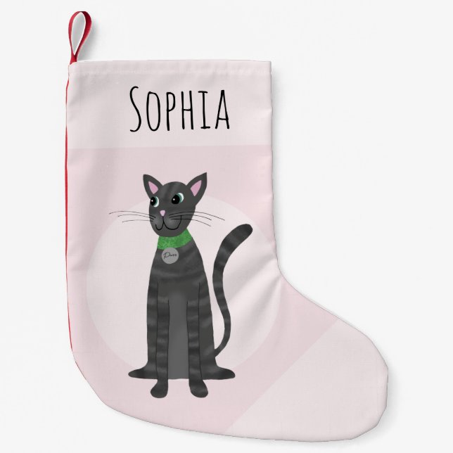 Cute Girly Pink Grey Tabby Cat Cartoon Kids Small Christmas Stocking (Front)