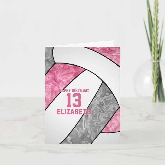 cute girly pink grey volleyball birthday card (Front)