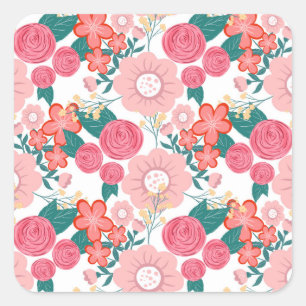 Cute girly pink Hand Drawn Flowers design Square Sticker