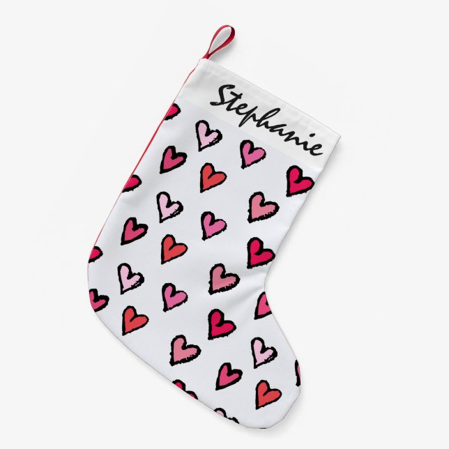 Cute Girly Pink Hand Drawn Hearts on White Pattern Small Christmas Stocking (Front (Hanging))