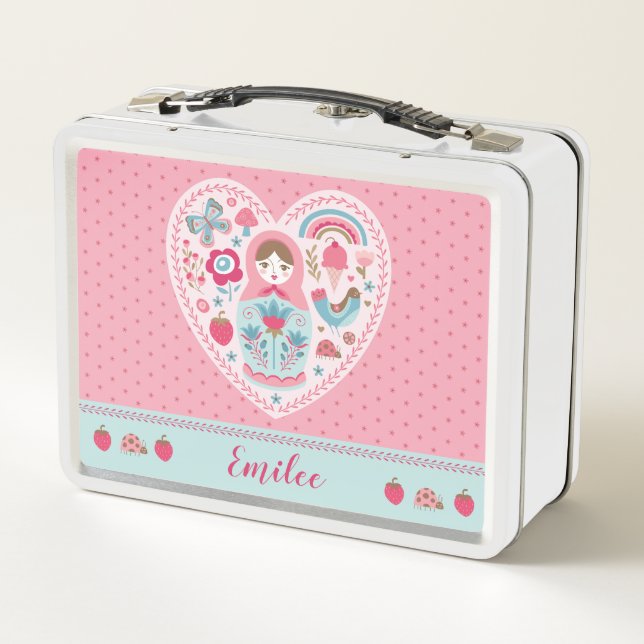 Cute Girly Pink Heart Metal Lunch Box (Back)
