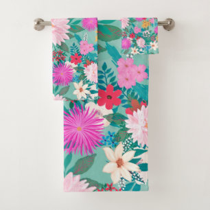 Cute girly pink & Mint hand paint floral design Bath Towel Set