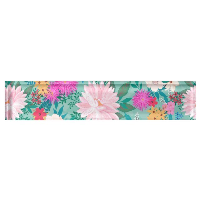 Cute girly pink & Mint hand paint floral design Nameplate (Front)