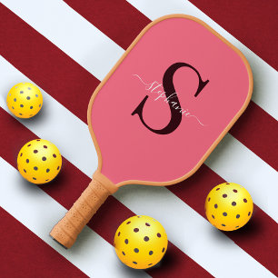Cute Girly Pink Monogram Initial + Name Pickleball Paddle