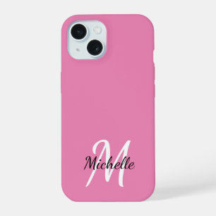 Cute Girly Pink Monogram Name + Initial iPhone 15 Case