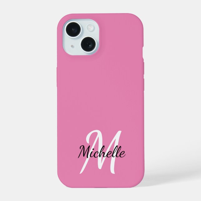 Cute Girly Pink Monogram Name + Initial iPhone 15 Case (Back)