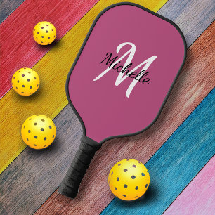 Cute Girly Pink Monogram Name + Initial Pickleball Paddle
