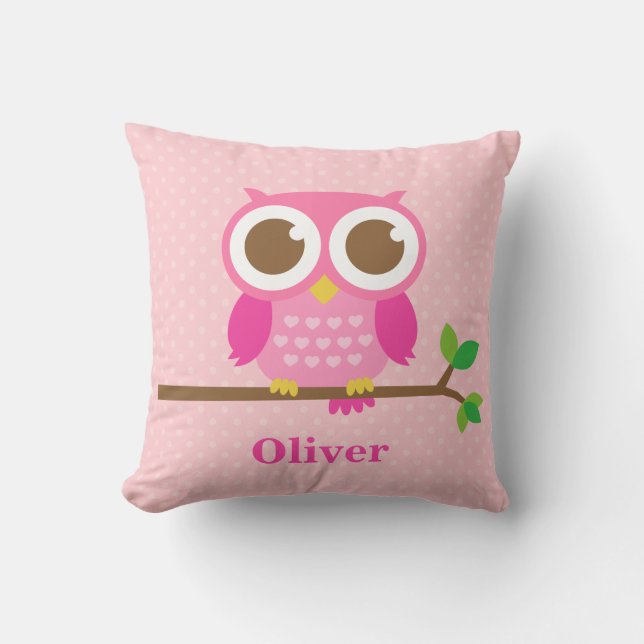Cute Girly Pink Owl on Branch Girls Room Decor Cushion (Front)