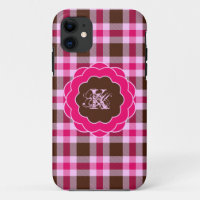 Cute Girly Pink Plaid Monogram Scalloped Frame
