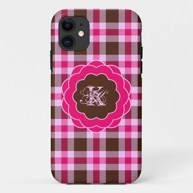 Cute Girly Pink Plaid Monogram Scalloped Frame Case-Mate iPhone Case (Back)