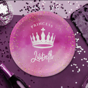 Cute Girly  Pink Princess Crown Tiara Watercolor Paper Plate