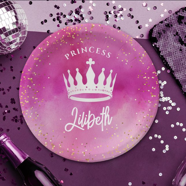 Cute Girly  Pink Princess Crown Tiara Watercolor Paper Plate (Creator Uploaded)