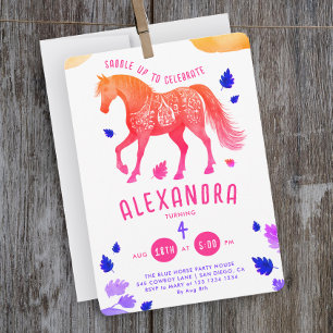 Cute Girly Pink Purple Horse Derby Pony Watercolor Invitation