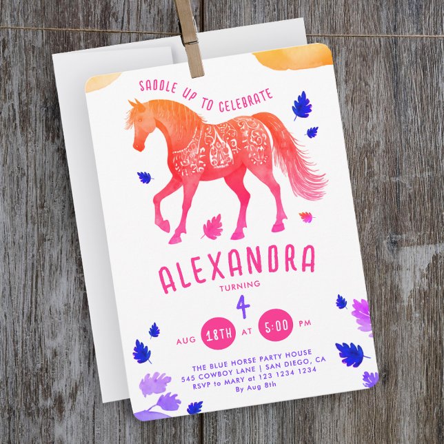 Cute Girly Pink Purple Horse Derby Pony Watercolor Invitation (Creator Uploaded)