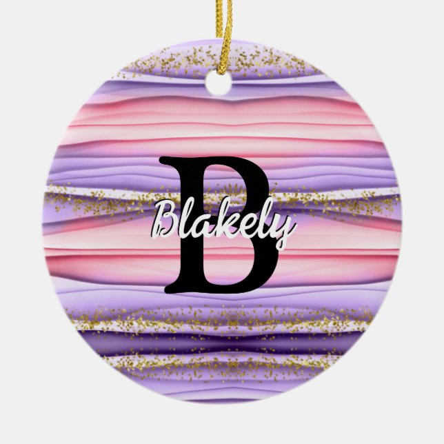 Cute Girly Pink & Purple Monogram Glitter Sparkle Ceramic Tree Decoration (Front)