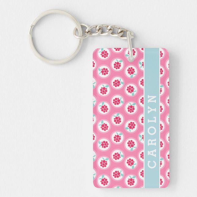 Cute girly pink raspberry patterns monogram key ring (Front)