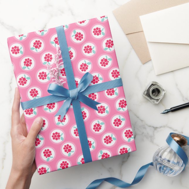 Cute girly pink raspberry patterns monogram wrapping paper (Gifting)