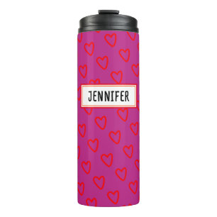 Cute Girly Pink Red Heart Pattern With Name Label Thermal Tumbler