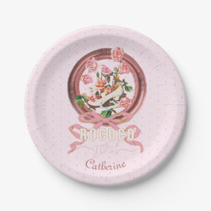 Cute Girly Pink Rococo Shoe Roses Bow Name Paper Plate