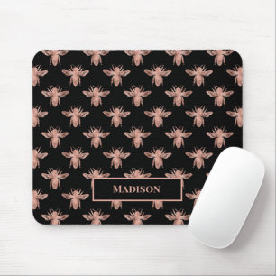 Cute Girly Pink Rose Gold Bees Black Monogram Mouse Pad