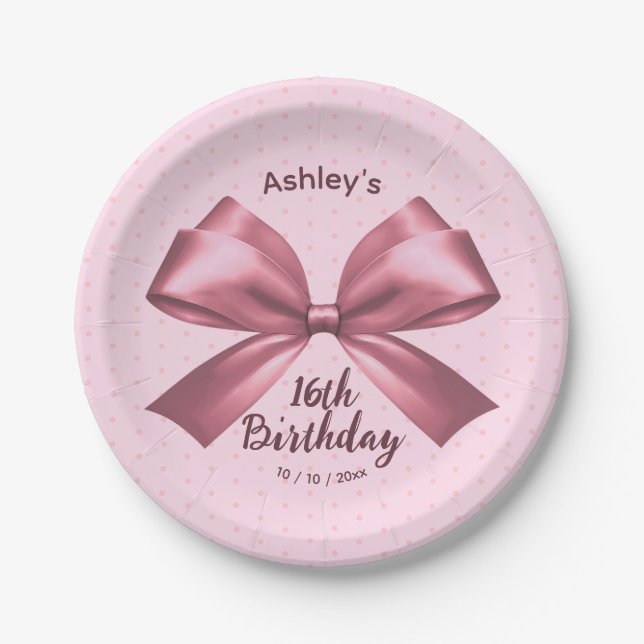 Cute Girly Pink Satin Aesthetic Bow Paper Plate (Front)