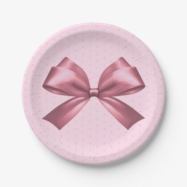 Cute Girly Pink Satin Aesthetic Bow Paper Plate (Front)