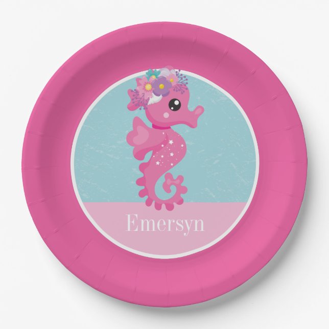 Cute Girly Pink Seahorse Kids Name Paper Plate (Front)