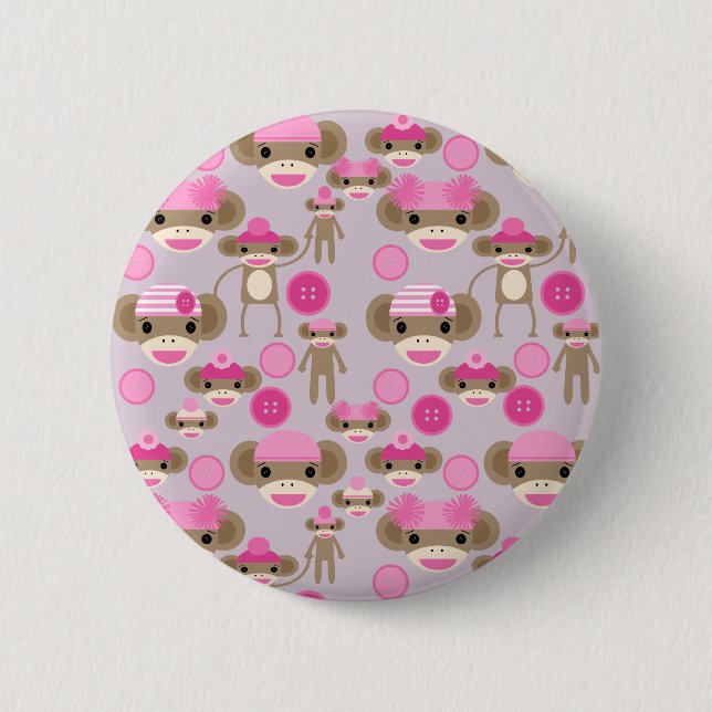 Cute Girly Pink Sock Monkey Girl Pattern Collage 6 Cm Round Badge (Front)