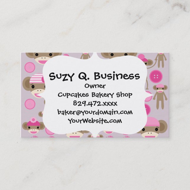 Cute Girly Pink Sock Monkey Girl Pattern Collage Business Card (Front)