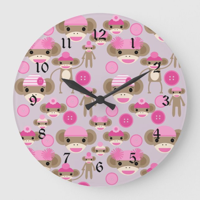 Cute Girly Pink Sock Monkey Girl Pattern Collage Large Clock (Front)